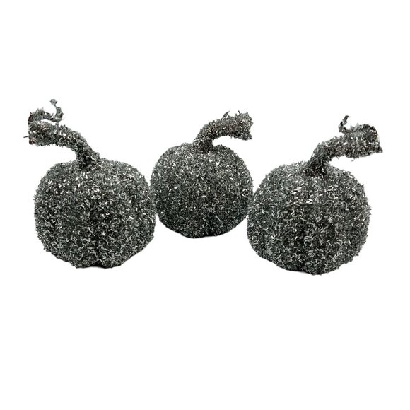 Silver Glitter Pumpkins For Fall & Halloween Decor Set Of 3 - Picture 3 of 6